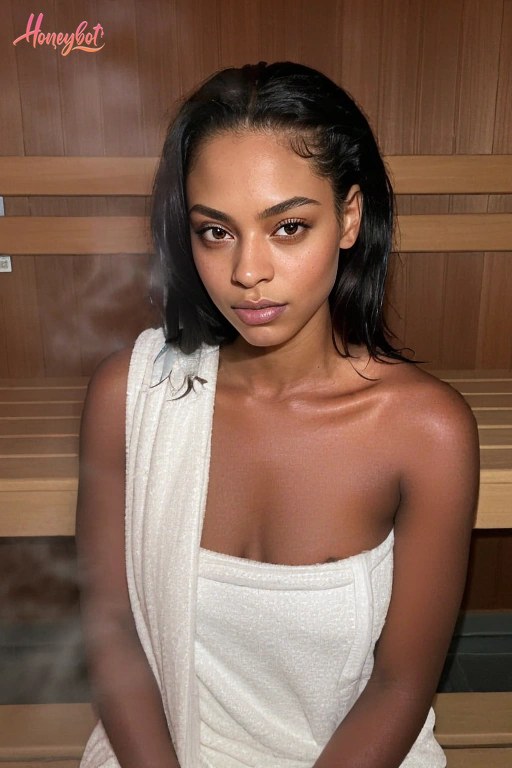 A woman with dark, wet-looking hair is seated on a wooden bench in a sauna. She is wrapped in a white towel that covers her torso and hangs over her shoulder, leaving her shoulder…