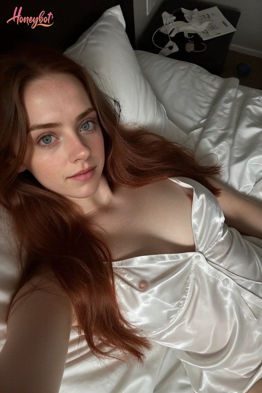 A young woman with long red hair and blue eyes is lying on her back on a bed with white sheets and pillows. She is wearing a white satin top with thin straps and a knot detail at …