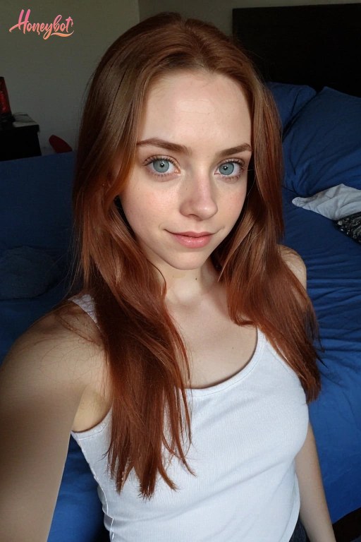 A young woman with long, straight red hair and blue eyes is looking directly at the camera with a slight smile. She is wearing a white tank top and is seated on a bed with blue be…