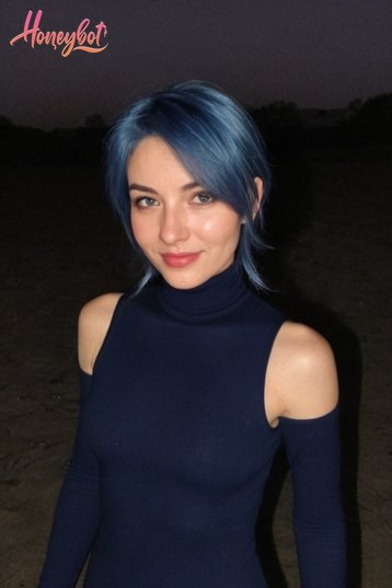 The image features a person with a striking blue hair color, standing outdoors during what appears to be the evening or twilight. The individual is wearing a dark-colored turtlene…