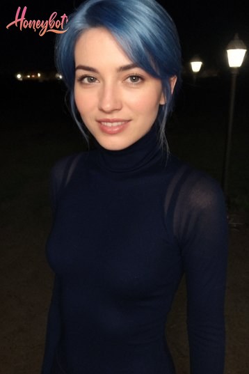 The image features a person with a striking blue hair color, standing outdoors at night. The individual is wearing a dark turtleneck sweater that contrasts with the vibrant blue o…